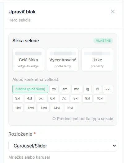 Bočný panel editora — šírka sekcie, rozloženie a presné veľkosti