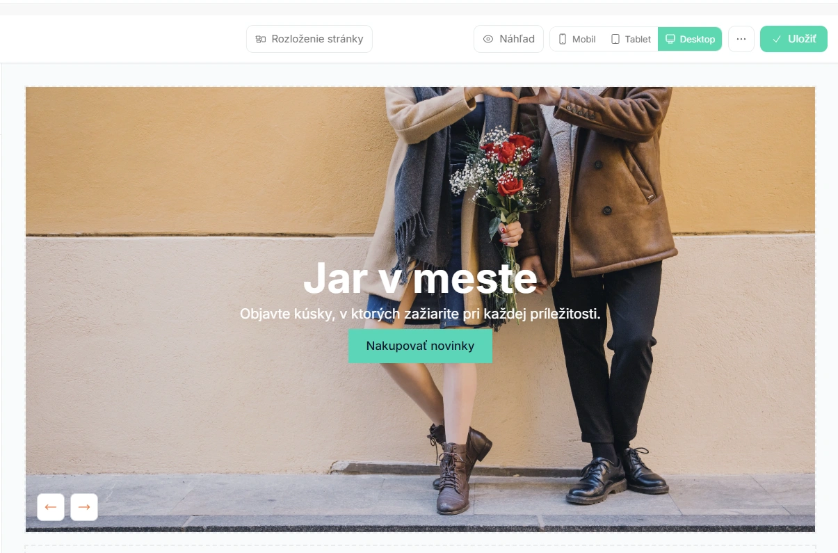 Drag & drop editor — náhľad celej stránky s nástrojovou lištou (mobil, tablet, desktop)
