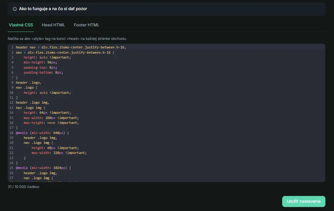 Kódový editor v Merzio admine — zdrojový pohľad HTML a CSS jednej sekcie